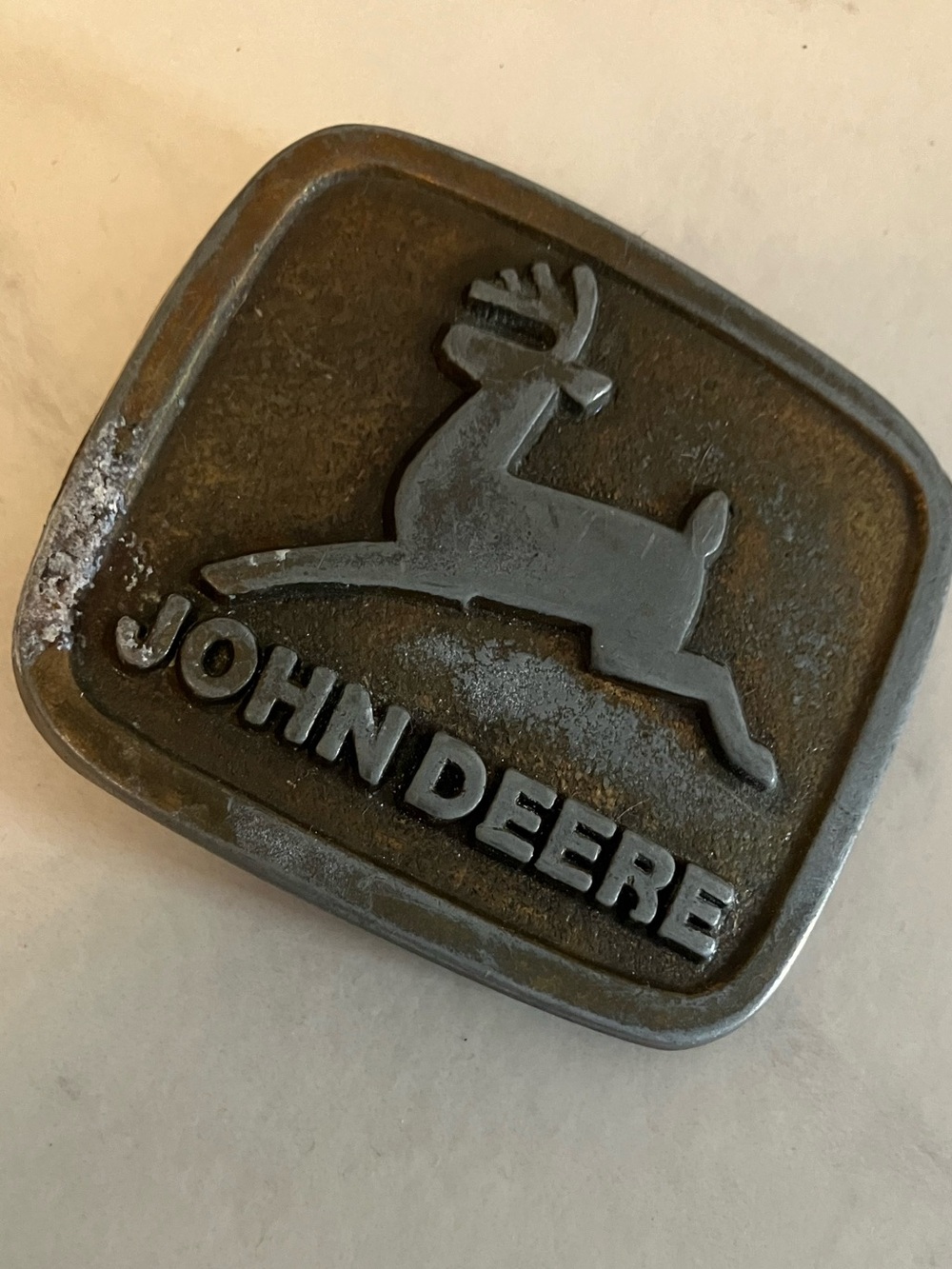 John Deere tractor vintage Metallic Buckle brass / Silver look. Great patina